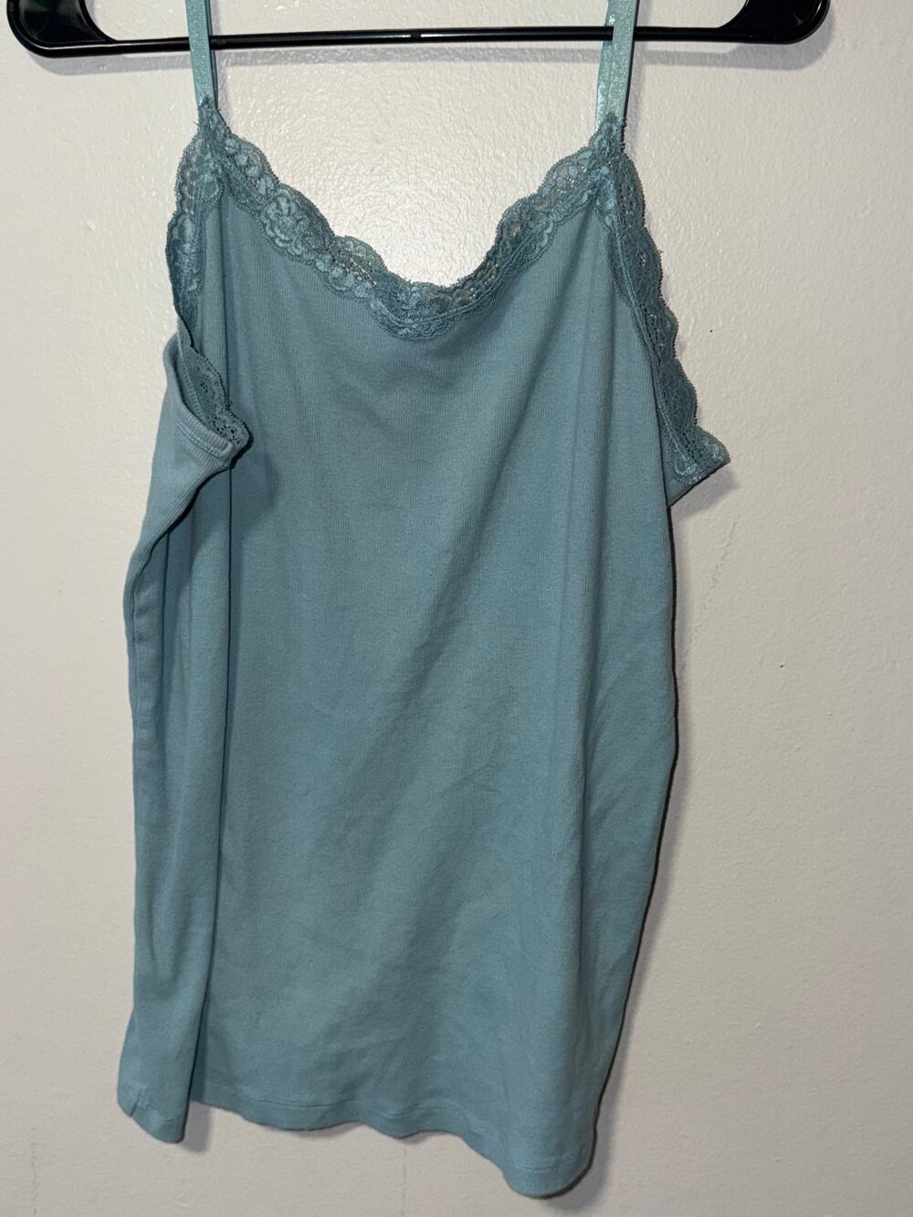 Faded Glory Blue Ribbed Camisole Lace Trim Adjustable Spaghetti Straps